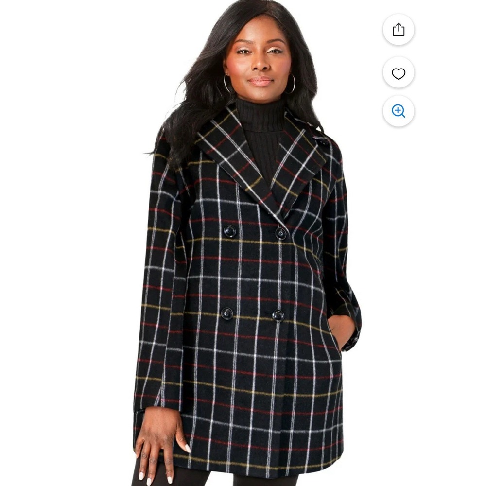 Jessica London Womens Wool Blend Plaid A Line PeaCoat Jacket Size 28W Black NWOT